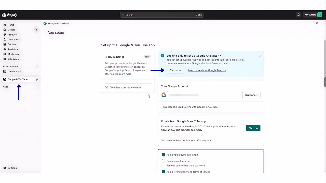 back to your Shopify Dashboard, choose Google & Youtube, then click on Get Started.